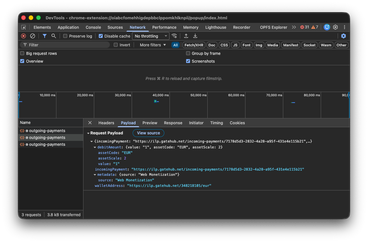 Chrome DevTools Network tab showing a POST request for a payment.