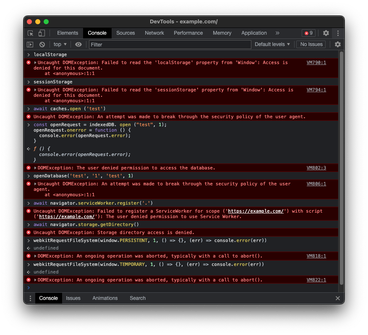 Console errors when trying to access localStorage, sessionStorage, the Cache API, IndexedDB, and Web SQL.