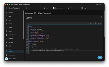 The Advanced SSH & Web Terminal configuration in Home Assistant.