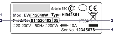 Annotated Electrolux identification plate.