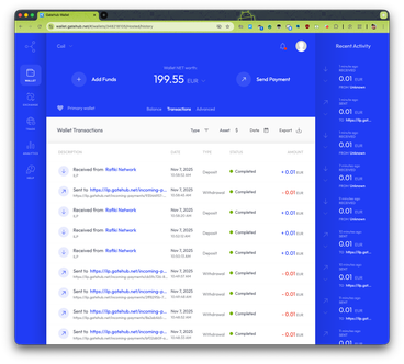 The GateHub wallet showing incoming and outgoing transactions.