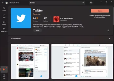 Microsoft Store showing the Twitter app.