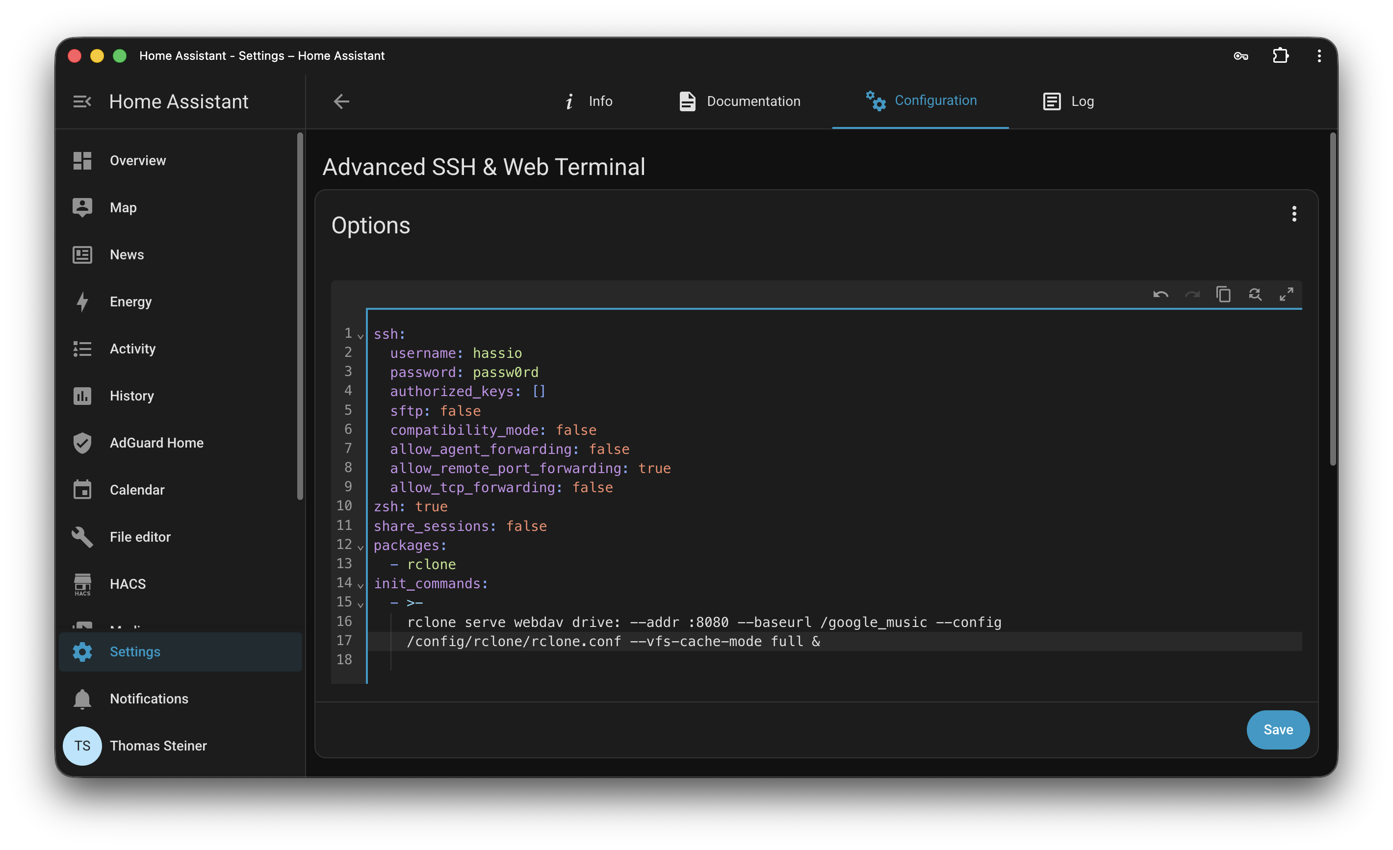 The Advanced SSH & Web Terminal configuration in Home Assistant.