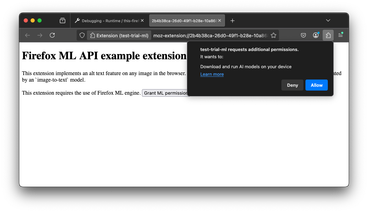 Permission dialog that reads "Example extension requests additional permissions. It wants to: Download and run AI models on your device