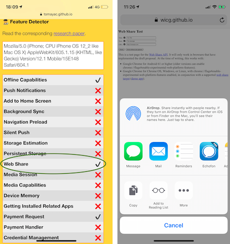 🕵️‍♂️ PWA Feature Detector running on iOS 12.2 beta 1, showing support for the Web Share API (left) and the Web Share API in action with this demo (right).