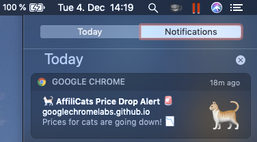 Push notification announcing that prices for cats are going down.