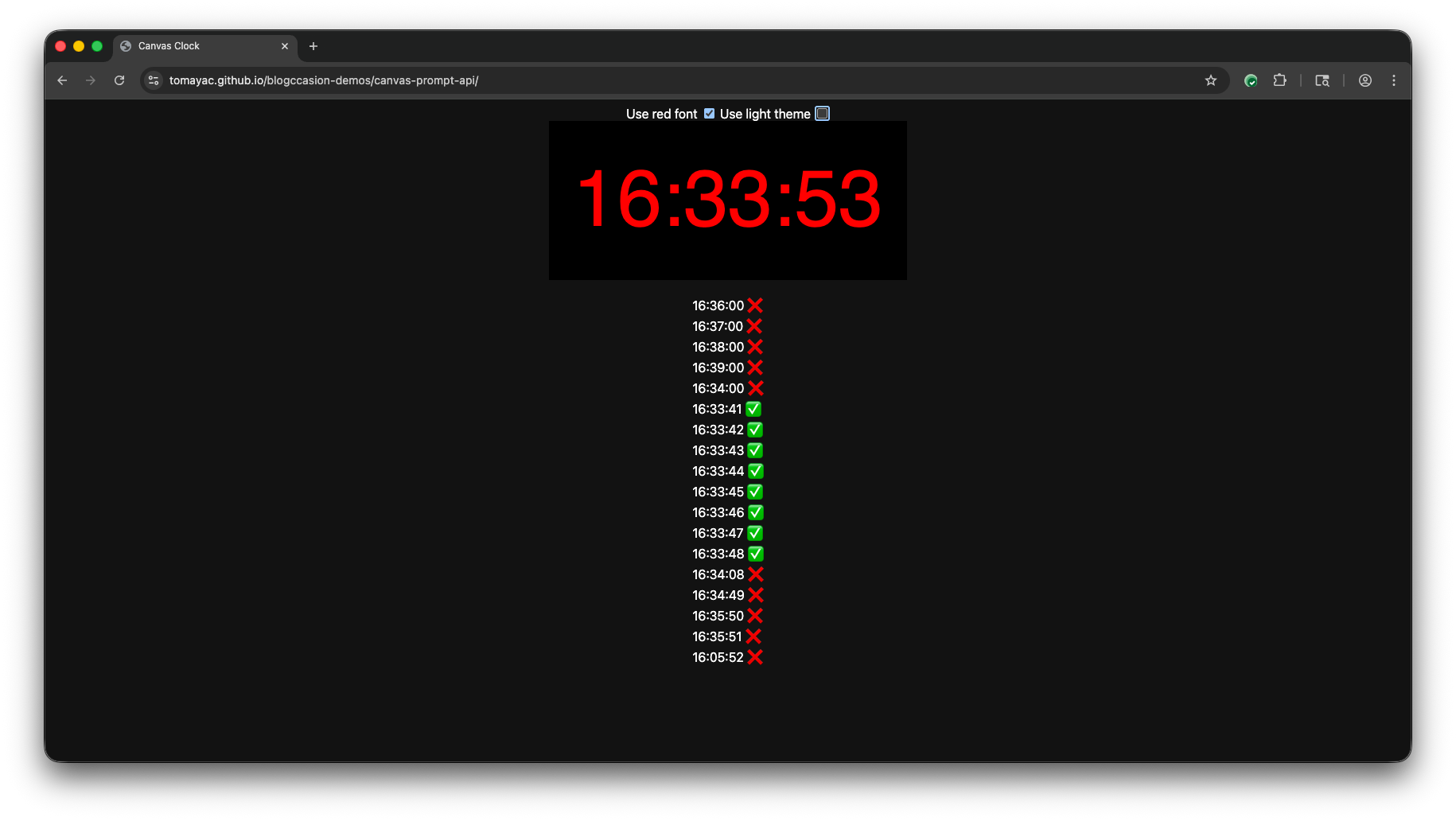 Test case showing the model gets the time wrong in dark mode when a red font is used to paint on the canvas.