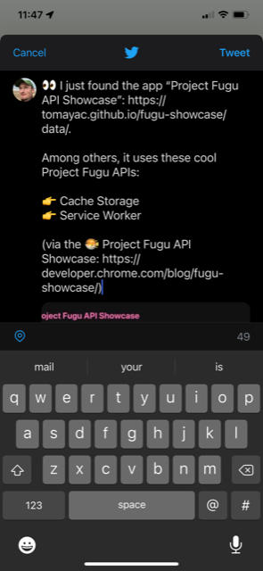 Project Fugu API Showcase and the Twitter compose tweet dialog