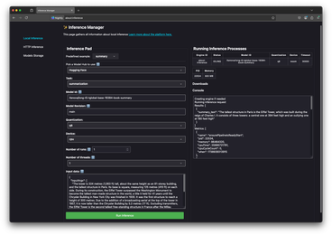 Inference manager on about:inference special page with options to test the available models.