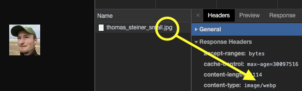 Chrome DevTools showing a request for a JPEG image that gets served as WebP