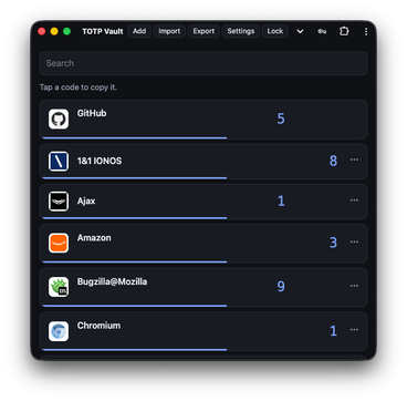 TOTP Vault PWA screenshot with several apps and their generated TOTPs.