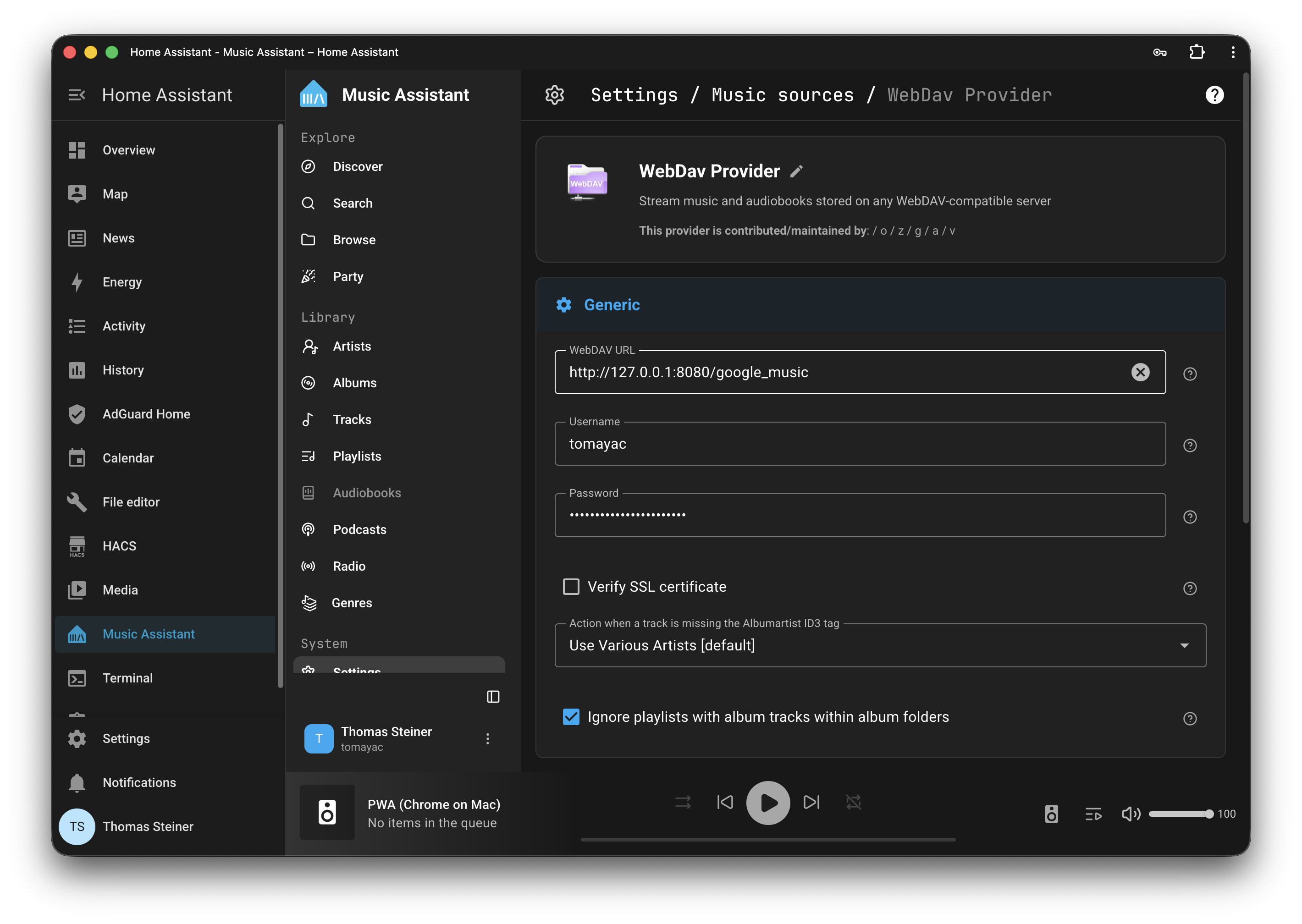 Adding a WebDAV music source in Music Assistant