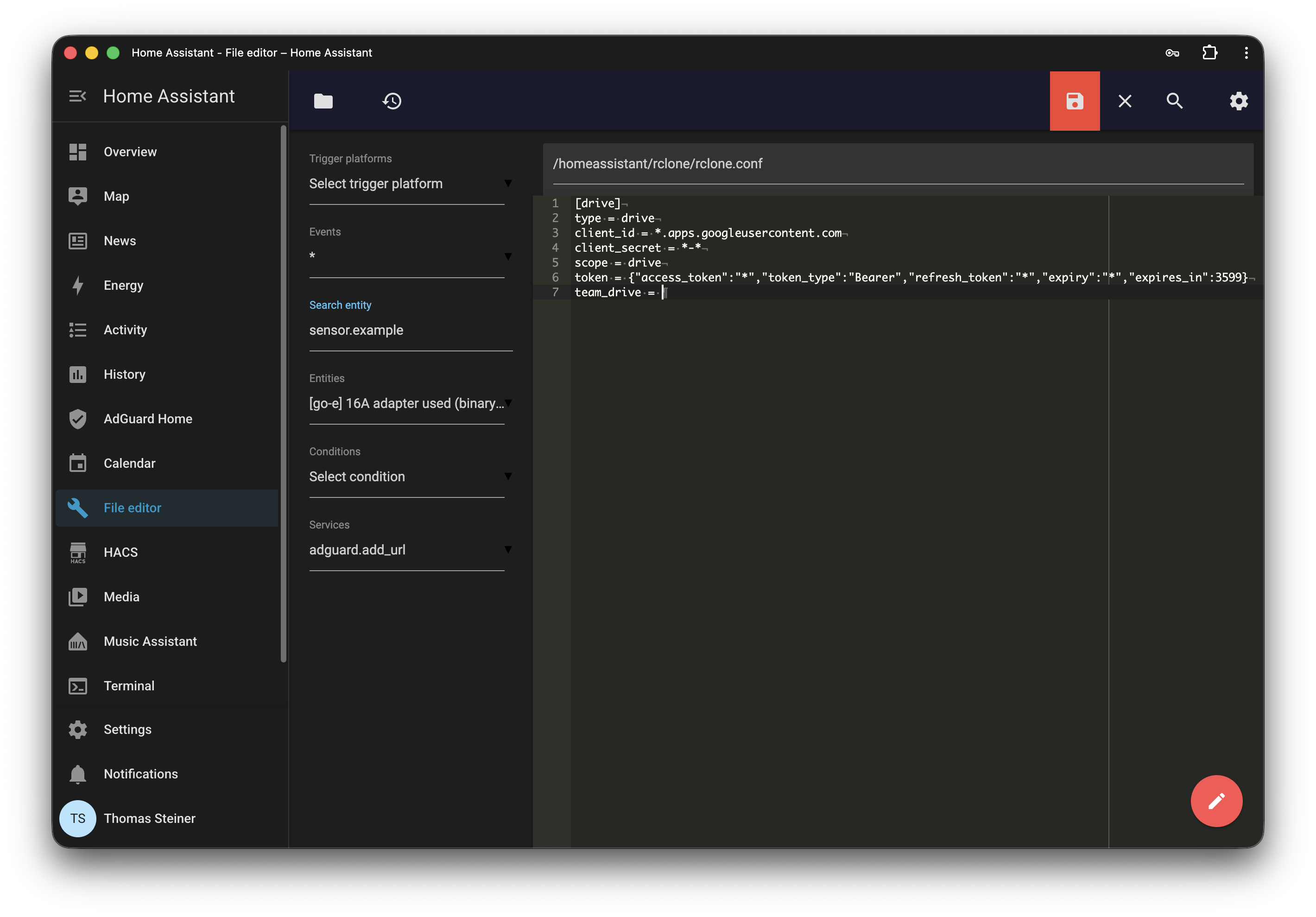 The rclone configuration file in the Home Assistant File editor.