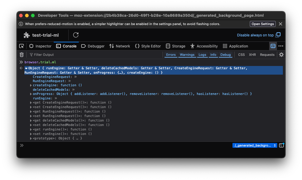 Firefox DevTools window shown inspecting the  namespace.