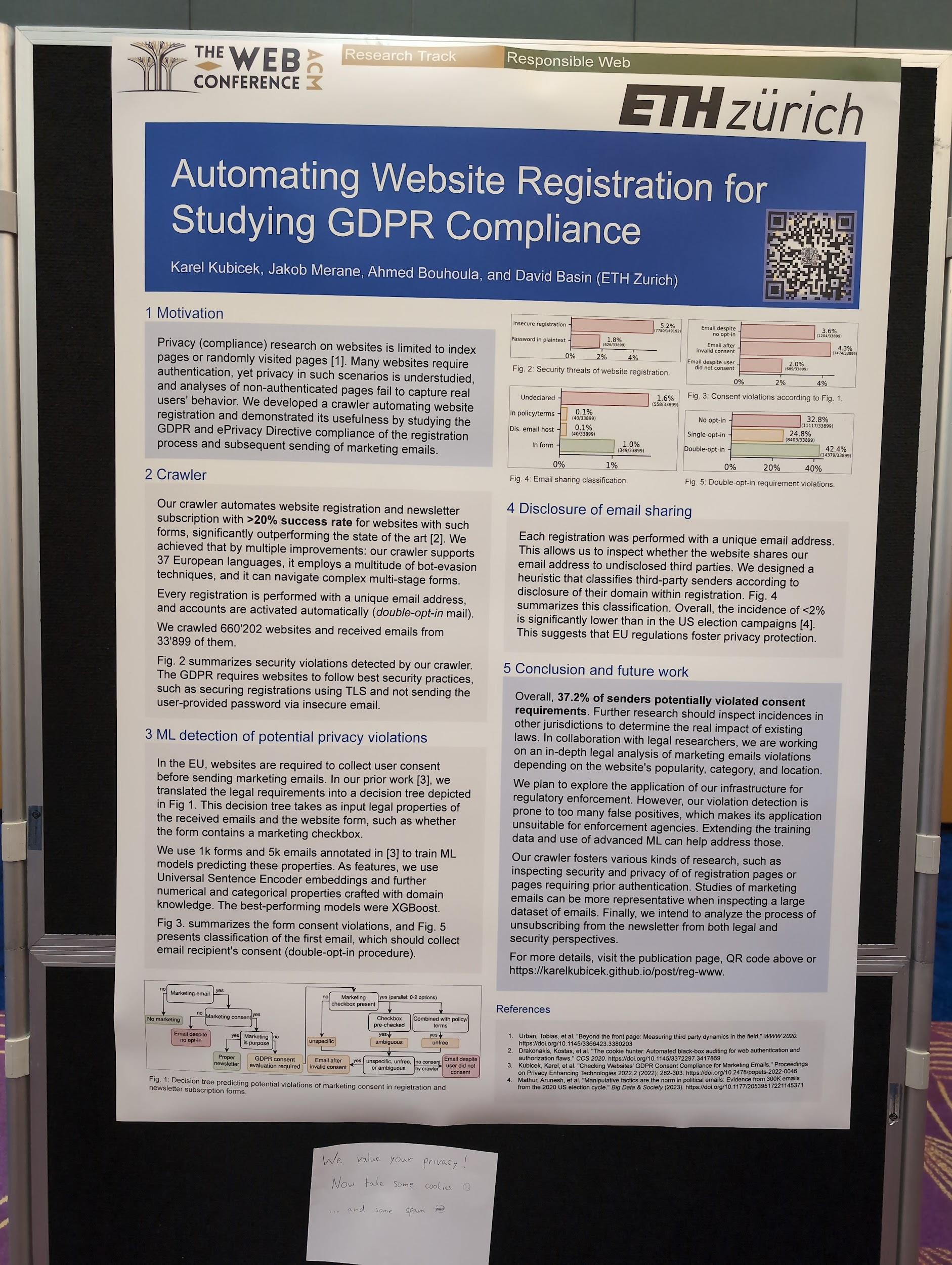Poster for the 'Automating Website Registration for Studying GDPR Compliance' paper.