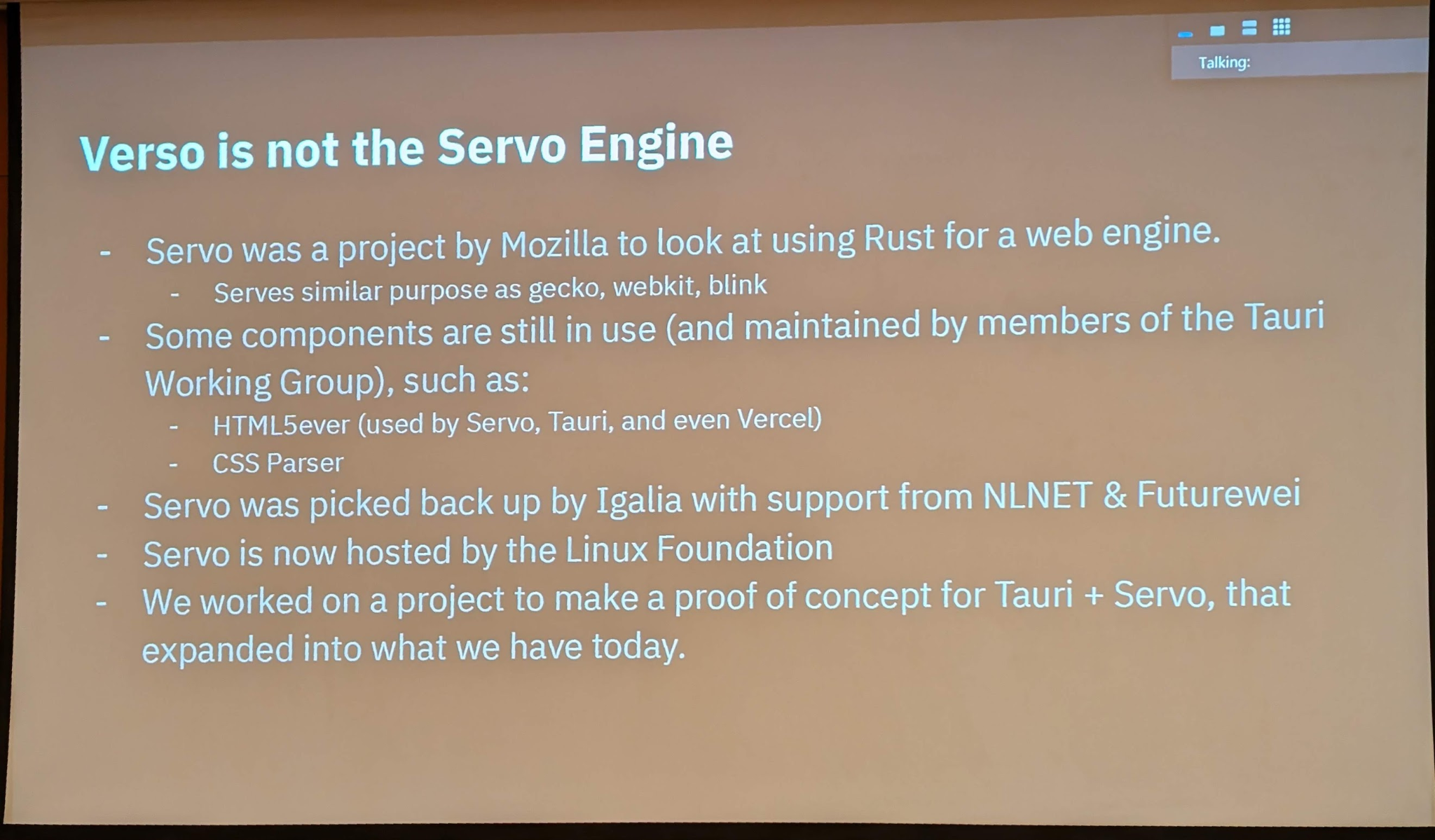 Slide with the text 'Verso is not a Servo engine'.