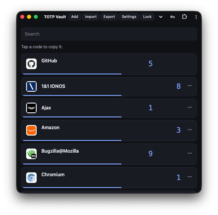 TOTP Vault PWA screenshot with several apps and their generated TOTPs.