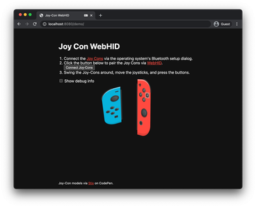 Joy-Con WebHID demo showing two Joy-Cons slightly tilted with one of the analog sticks moved to the right on one Joy-Con and the 'A' button pressed on the other.