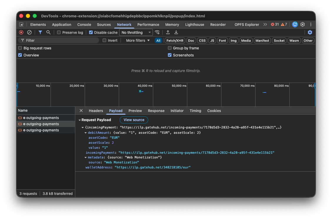 Chrome DevTools Network tab showing a POST request for a payment.