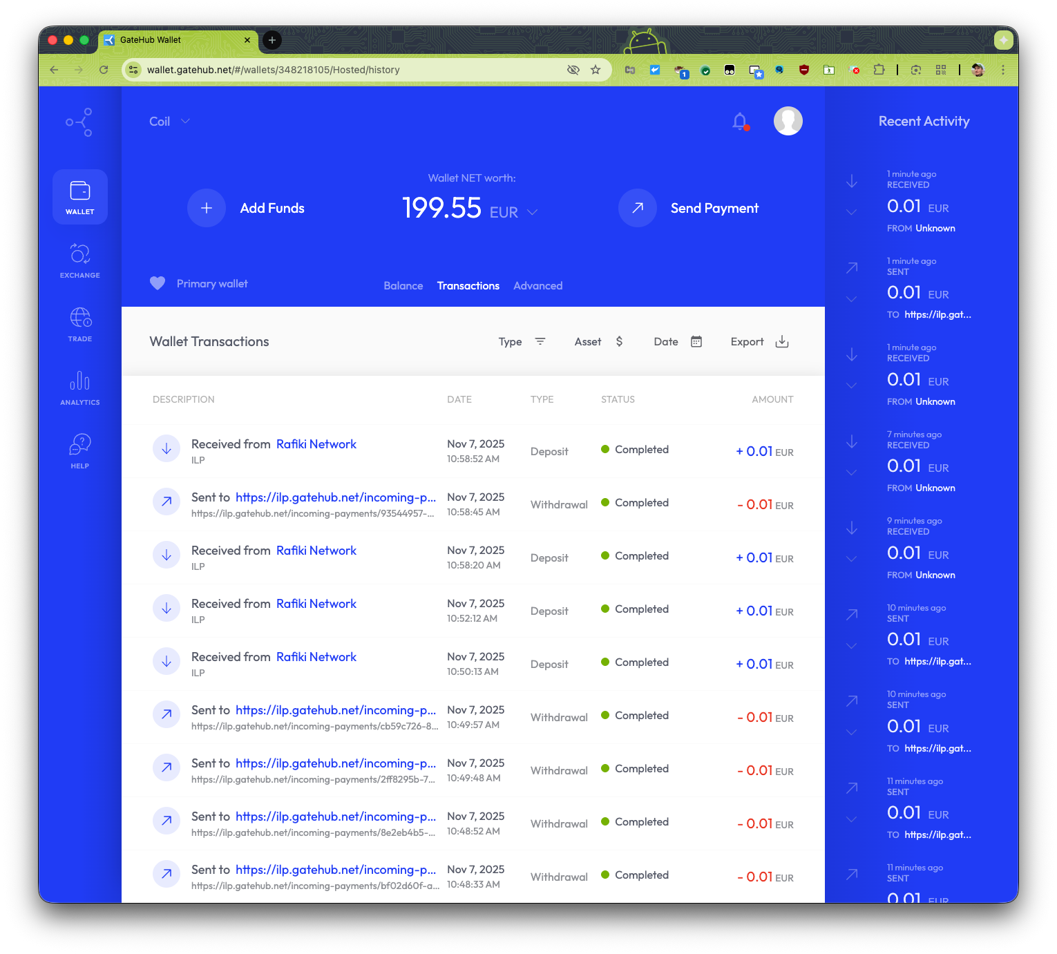 The GateHub wallet showing incoming and outgoing transactions.