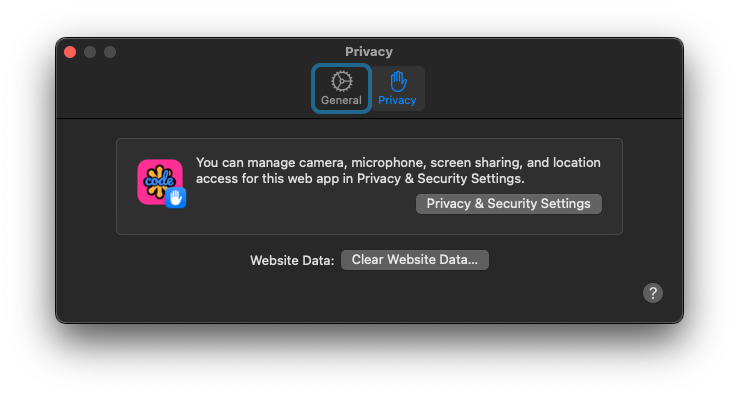 Web app Settings dialog on the Privacy tab.