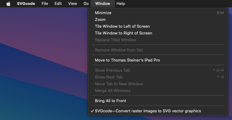Web app Window menu.