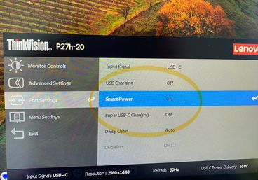 Lenovo ThinkVision P27h-20 settings with the Smart Power option circled.