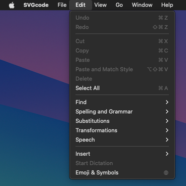 Web app Edit menu.